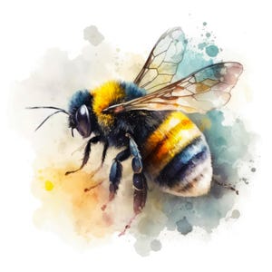 Op de afbeelding: Een aquarelillustratie van een hommel met een pluizig zwart-geel gestreept lichaam, doorschijnende geaderde vleugels en donkere poten. Het insect is afgebeeld tegen een zachte achtergrond van gele, blauwe en witte verfspatten.