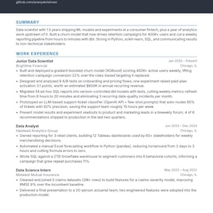 Può includere: Un curriculum professionale per Ananya Krishnan, Junior Data Scientist. Il documento include informazioni di contatto, un riepilogo e sezioni sull'esperienza lavorativa che descrivono i ruoli presso Brightline Financial, Halstead Analytics Group e Midwest Mutual Insurance.