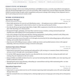 May include: A professional resume for Terrence Walker, an Operations Manager in distribution and fulfillment. The document details ten years of experience, including roles at Crestline Distribution Group, Palmetto Fulfillment Group, and Southeast Freightways.