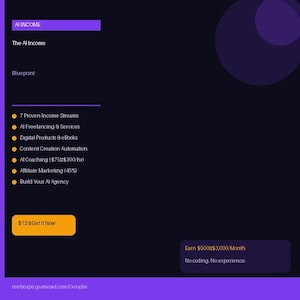 Könnte beinhalten: Ein dunkelvioletter digitaler Flyer mit dem Titel AI Income The AI Income Blueprint. Er listet sieben Einkommensströme auf, darunter KI-Freelancing, digitale Produkte, Content-Automatisierung, KI-Coaching und Affiliate-Marketing. Mit Button.
