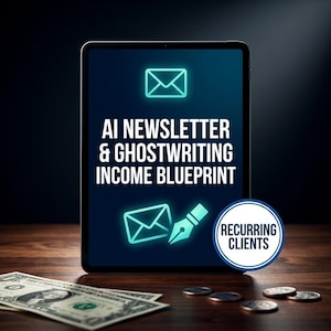 May include: A tablet screen displays the text AI NEWSLETTER & GHOSTWRITING INCOME BLUEPRINT with glowing cyan envelope and fountain pen icons. A circular badge reads RECURRING CLIENTS. Currency notes and coins are visible in the foreground.