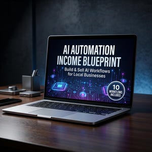 May include: A silver laptop displaying the text AI AUTOMATION INCOME BLUEPRINT Build & Sell AI Workflows for Local Businesses with a digital circuit board graphic and a circular badge stating 10 WORKFLOWS INCLUDED on the screen.