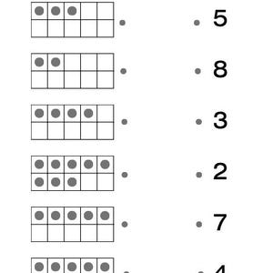 May include: A maths worksheet with the Dutch text 'Trek een lijn van het tienveld naar het bijbehorende getal.' It features six rows, each containing a ten-frame grid with grey dots and a corresponding number on the right to be matched.