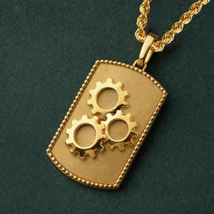 14K Gold Gear Necklace, Mechanical Cog Medallion, Industrial Engineering Jewelry, Mechanism Charm for Engineer, Connected Cogwheels Pendant