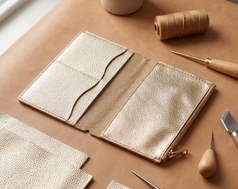 Metallic Gold Leather Planner Insert Personalized Genuine Leather Journal Wallet Handmade Pebbled Cowhide Organizer Gift