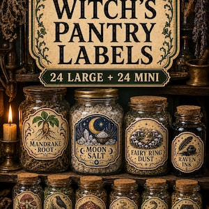 Puede incluir: Un conjunto de 48 etiquetas para despensa de bruja, incluyendo 24 grandes y 24 mini, como descarga imprimible. Las etiquetas presentan bordes decorativos e ilustraciones para artículos como Mandrake Root, Moon Salt y Raven Ink en frascos.
