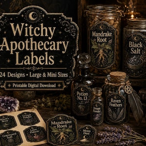 以下が含まれることがあります： Witchy Apothecary Labels、24 Designs、Large & Mini Sizes、Printable Digital Downloadというテキストが書かれた黒と金の薬局ラベルのコレクション。ラベルにはMandrake Root、Black Salt、Moon Dustなどの名前が含まれています。