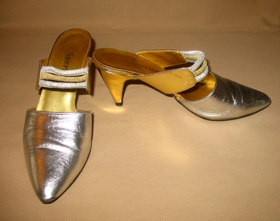 Silver Metallic Shoes, Metallic Mules, Vintage Sho