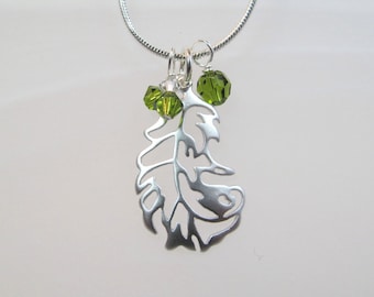 Feather Charm Necklace silver tone with olive crytals