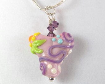 Necklace heart purple glass lampwork beads and crystals