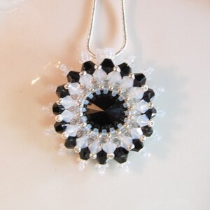 Necklace Black crystal 12mm rivoli crystals, peyote stitch beading, rows of black & white crysals