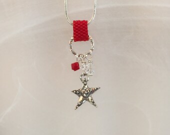 with crystals beaded peyote stitch bail Heart Charm necklace pendant sterling silver