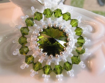 Crystal Necklace Olive green rivoli crystal  with peyote stich and crystals