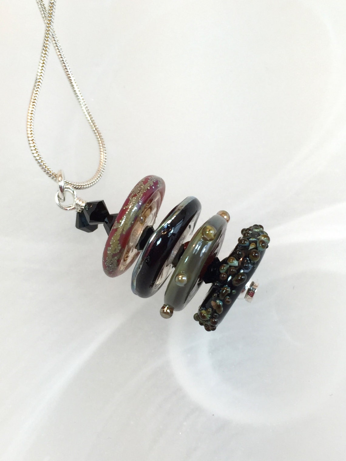 Glass Necklace Black Green Red Art Lampwork Bead Disks With Etsy