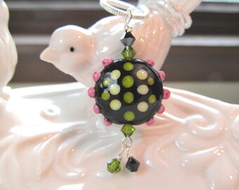 Necklace black with green pink dots glass lampwork bead and crystals