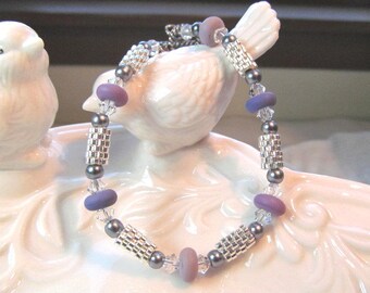 Lampwork bracelet purples, silver beaded beads, crystals and glass peals