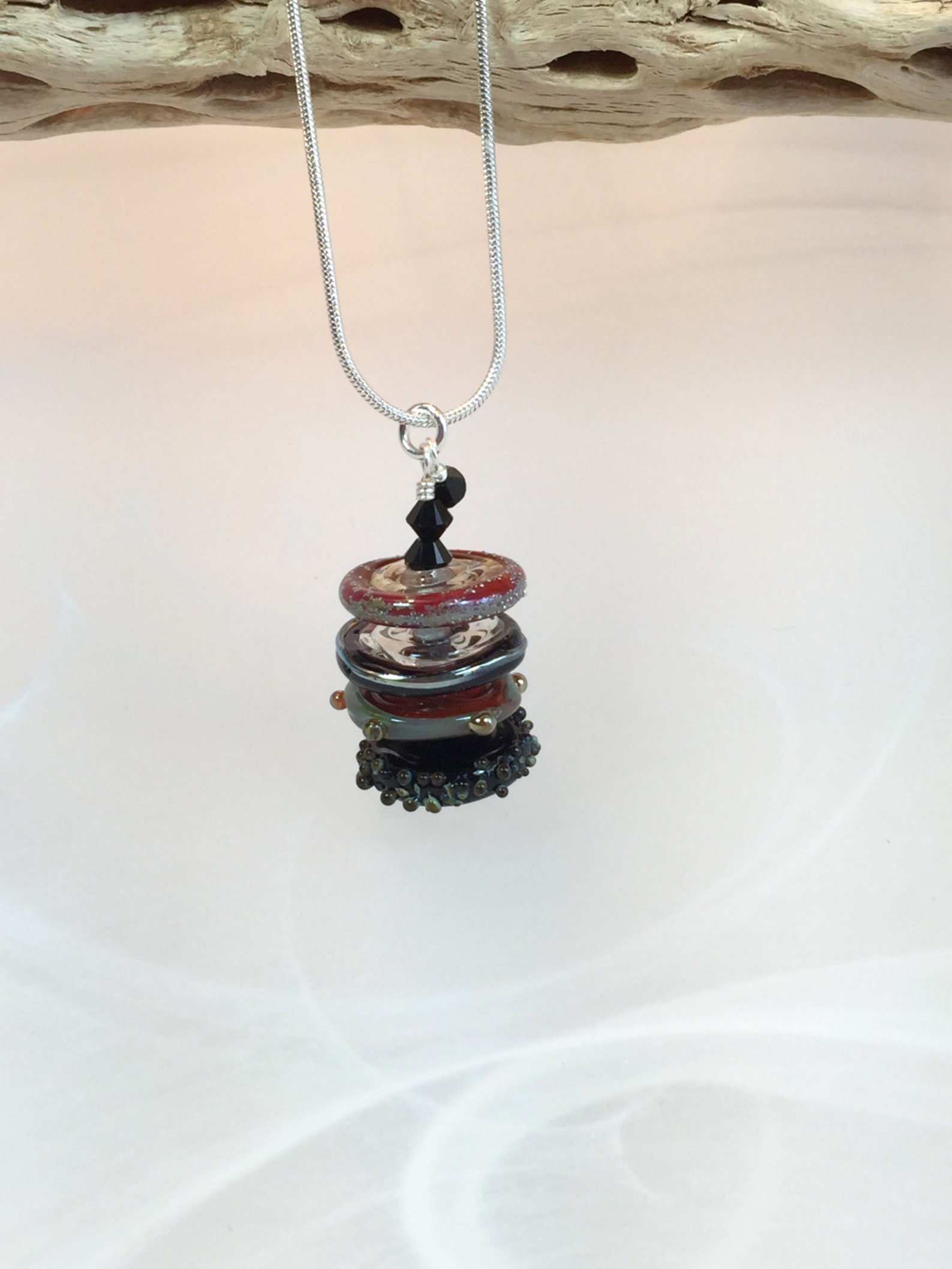 Glass Necklace Black Green Red Art Lampwork Bead Disks With Etsy