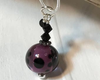 Purple & Black Glass Art Necklace with black crystals