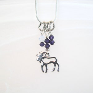 Moose charm necklace dainty silver tone with purple crystals