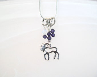 Moose charm necklace dainty silver tone with purple crystals