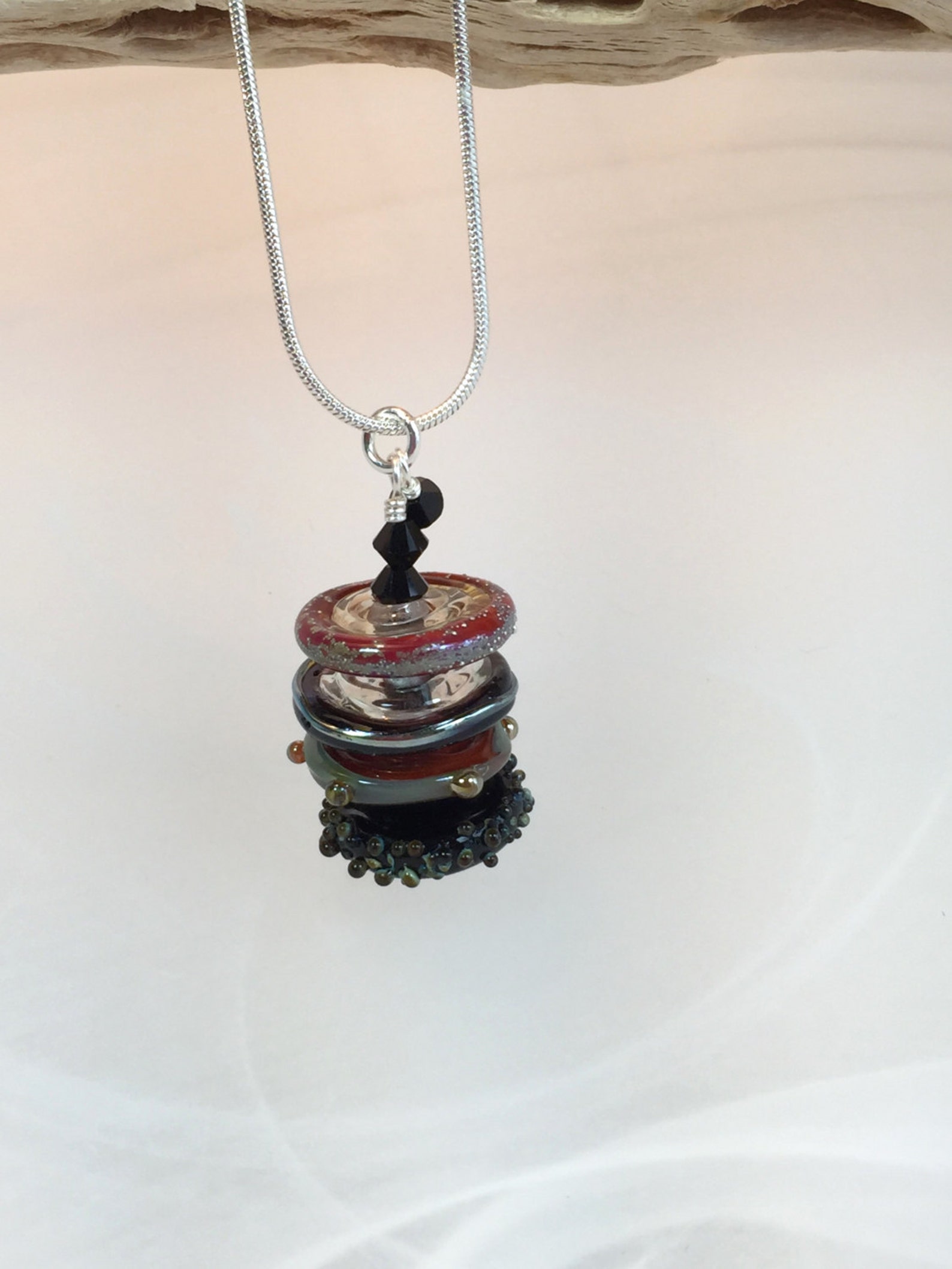 Glass Necklace Black Green Red Art Lampwork Bead Disks With Etsy