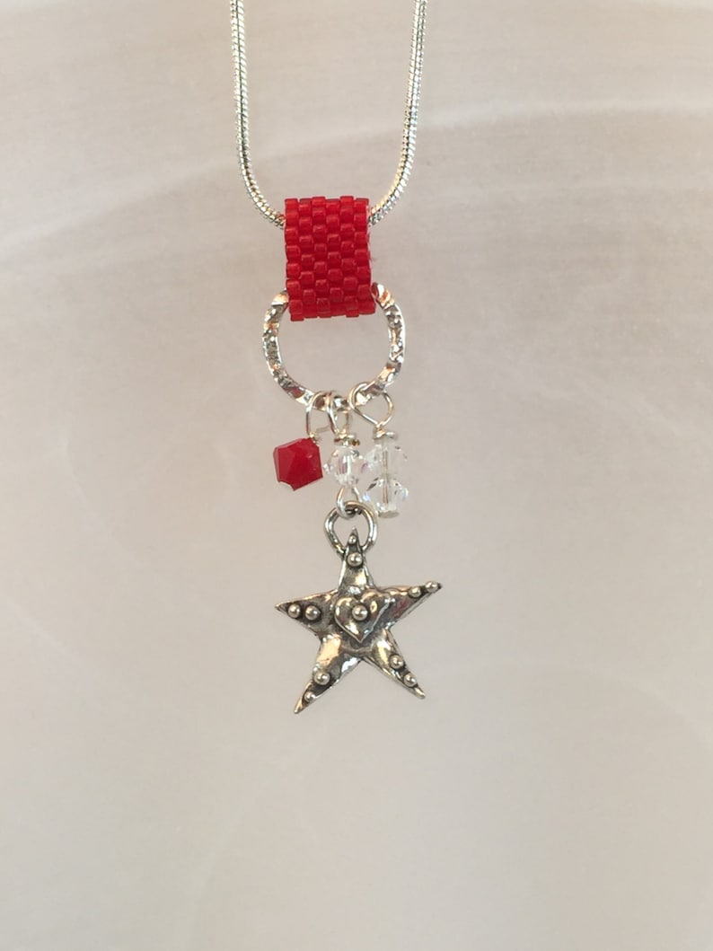 with crystals beaded peyote stitch bail Heart Charm necklace pendant sterling silver