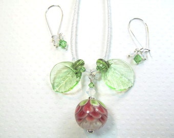 Necklace and earrings set red, glass lampwork petal beads in red, white & green, leaves and crystals