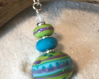 Necklace green blue purple glass art lampwork beads stacked with crystals