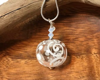 Hollow clear & white lampwork glass art bead necklace, crystals