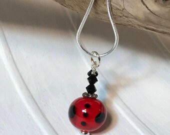 Red & Black Glass Art Necklace with black crystals