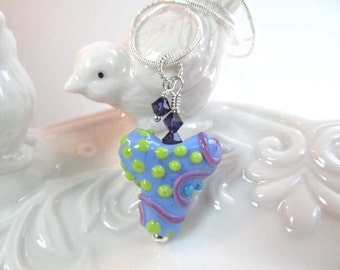 Necklace heart blue, purple, green, glass lampwork bead with crystals, bead by Desert Bug Lampwork