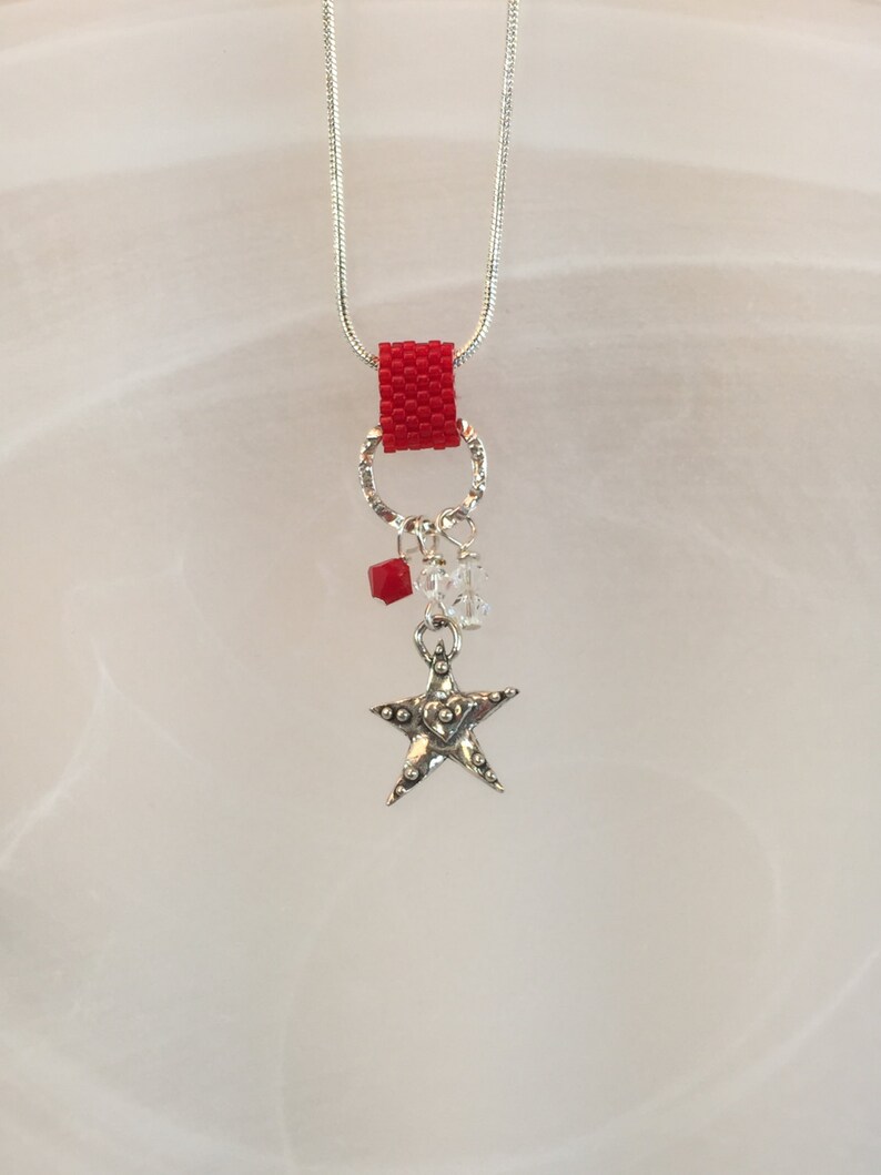 with crystals beaded peyote stitch bail Heart Charm necklace pendant sterling silver