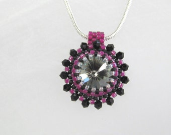 Necklace crystal rivoli with peyote stitch beading and decorated with black crystals