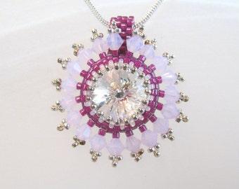 Crystal necklace, clear 14mm rivoli,  peyote stitch, bicone crystals purple, pink