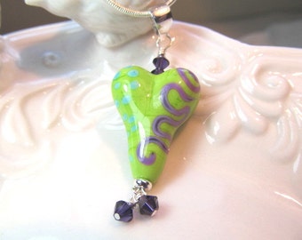 Heart Necklace green glass lampwork bead and crystals