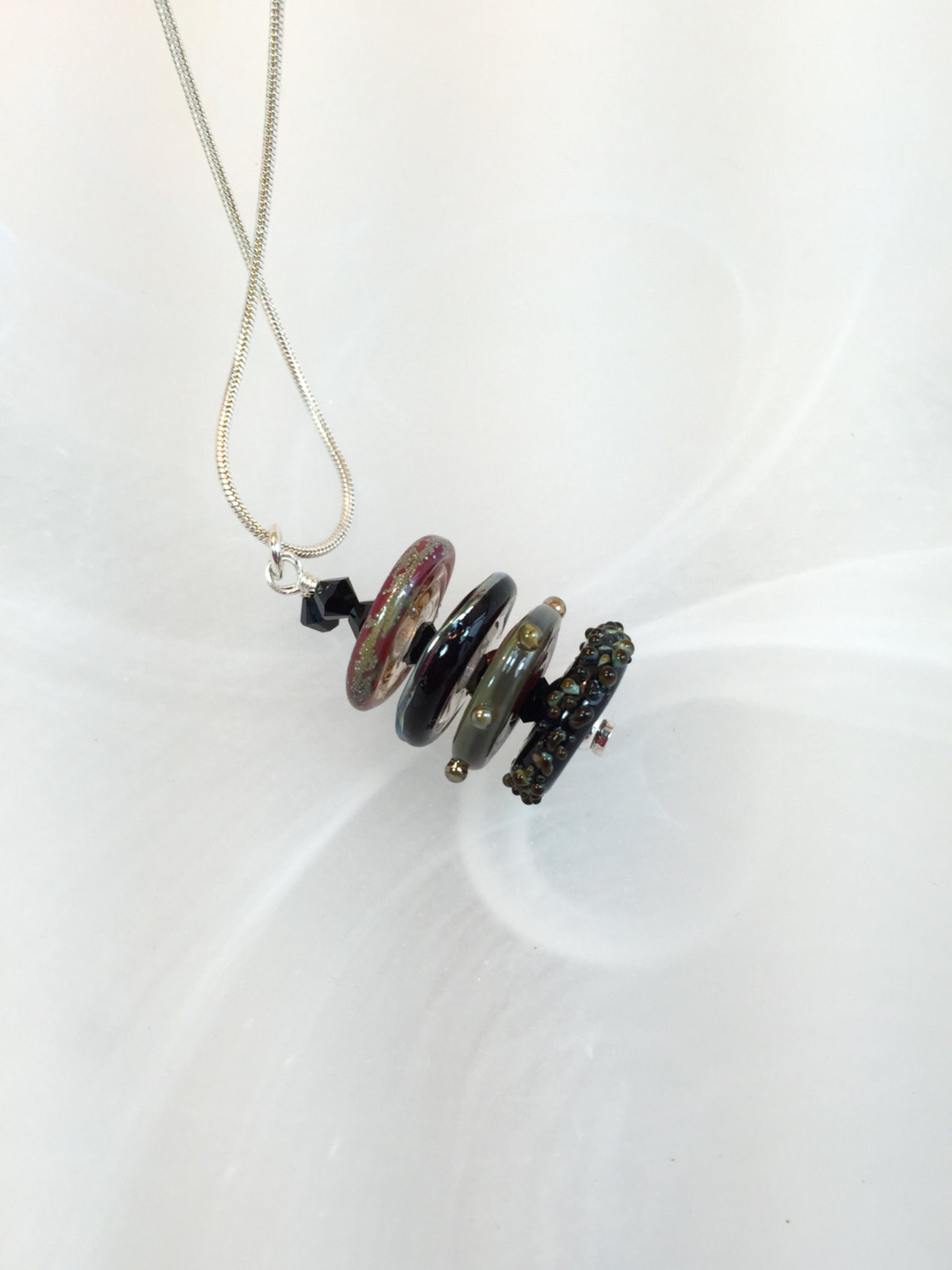 Glass Necklace Black Green Red Art Lampwork Bead Disks With Etsy