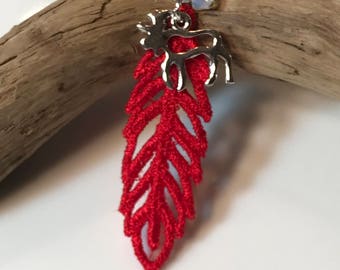 Necklace multi charm red feather and moose with crystals