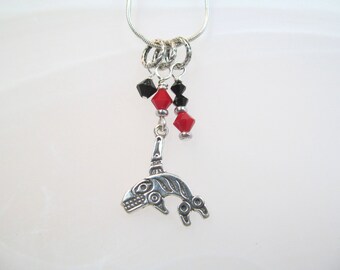 Whale Charm Necklace Silver with black and red crystals