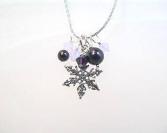 Snowflake Charm necklace sterling silver purple swarvoski crystals & pearls