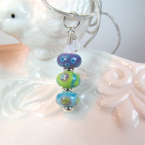 Necklace green purple blue stacked glass art lampwork beads with crystals