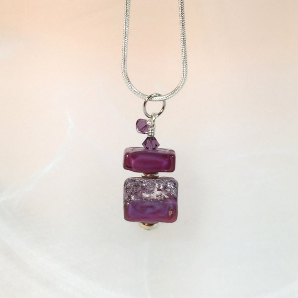 Necklace plum purple glass art lampwork square beads stacked with crystals