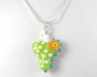 Necklace heart green multi glass lampwork bead and crystals
