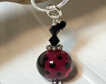 Whimsical Dark Pink Glass Art Necklace with Crystals