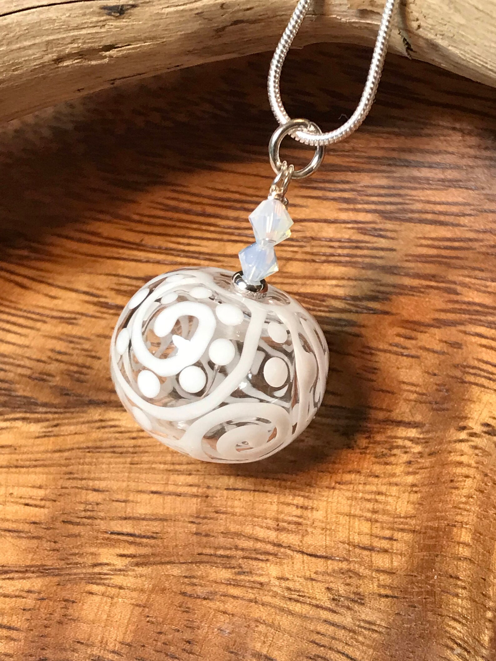 Clear & White Hollow Glass Art Necklace With Crystals Etsy