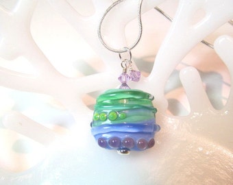 Necklace green blue purple square glass art lampwork bead with lavendar crystals