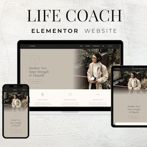May include: A digital display of a life coach website template for Elementor, shown on a laptop, tablet, and smartphone. The interface features a beige and black colour scheme with the text "LIFE COACH ELEMENTOR WEBSITE" and "Awaken Your Inner Strength & Flourish" visible on the screens.