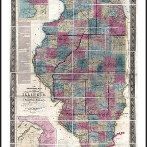 May include: An antique sectional map of the State of Illinois, featuring hand-colored counties in shades of pink, blue, and yellow. The map includes detailed text, a title block, and an inset map of the Alton and St. Louis area, all enclosed in a decorative border.