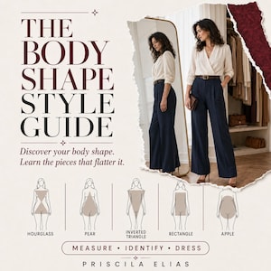 May include: An educational infographic titled THE BODY SHAPE STYLE GUIDE featuring text, a photograph of a person in a cream wrap blouse and navy trousers, and five illustrated body shape diagrams labeled Hourglass, Pear, Inverted Triangle, Rectangle, and Apple.