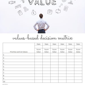以下が含まれることがあります： VALUEという文字と手描きのビジネスアイコンが上部に配置された、価値観に基づく意思決定マトリックスのワークシート。下部には、日付とスコアの列を備えた、価値観を優先順位付けするための10行の表が含まれています。