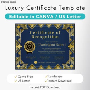 May include: A digital certificate of recognition template featuring a dark blue background with gold geometric borders. The text reads Certificate of Recognition, Participant Name, and includes placeholders for dates, names, and company information.